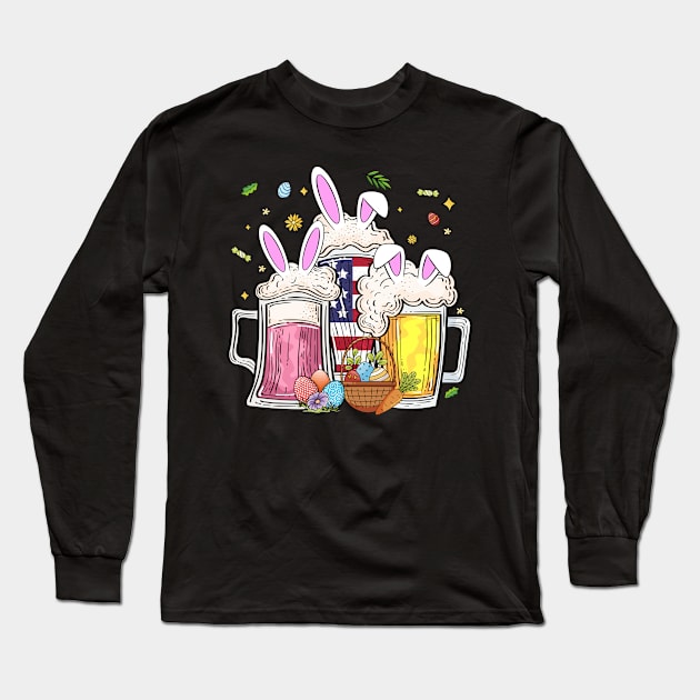 Easter Bunny Beer Egg Drinking Party Amarican Flag Long Sleeve T-Shirt by FortuneFrenzy